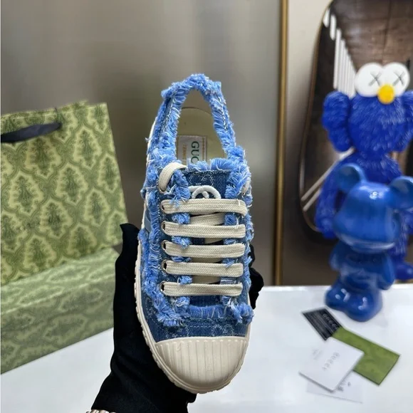 Gucci Frayed Blue Denim Sneakers - Picture 3 of 6